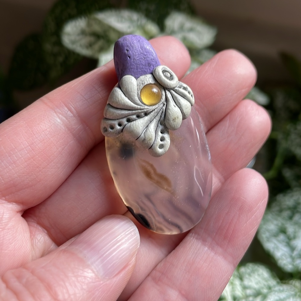 Smoky banded agate pendant necklace w/ polymer clay artisan new age boho witchy